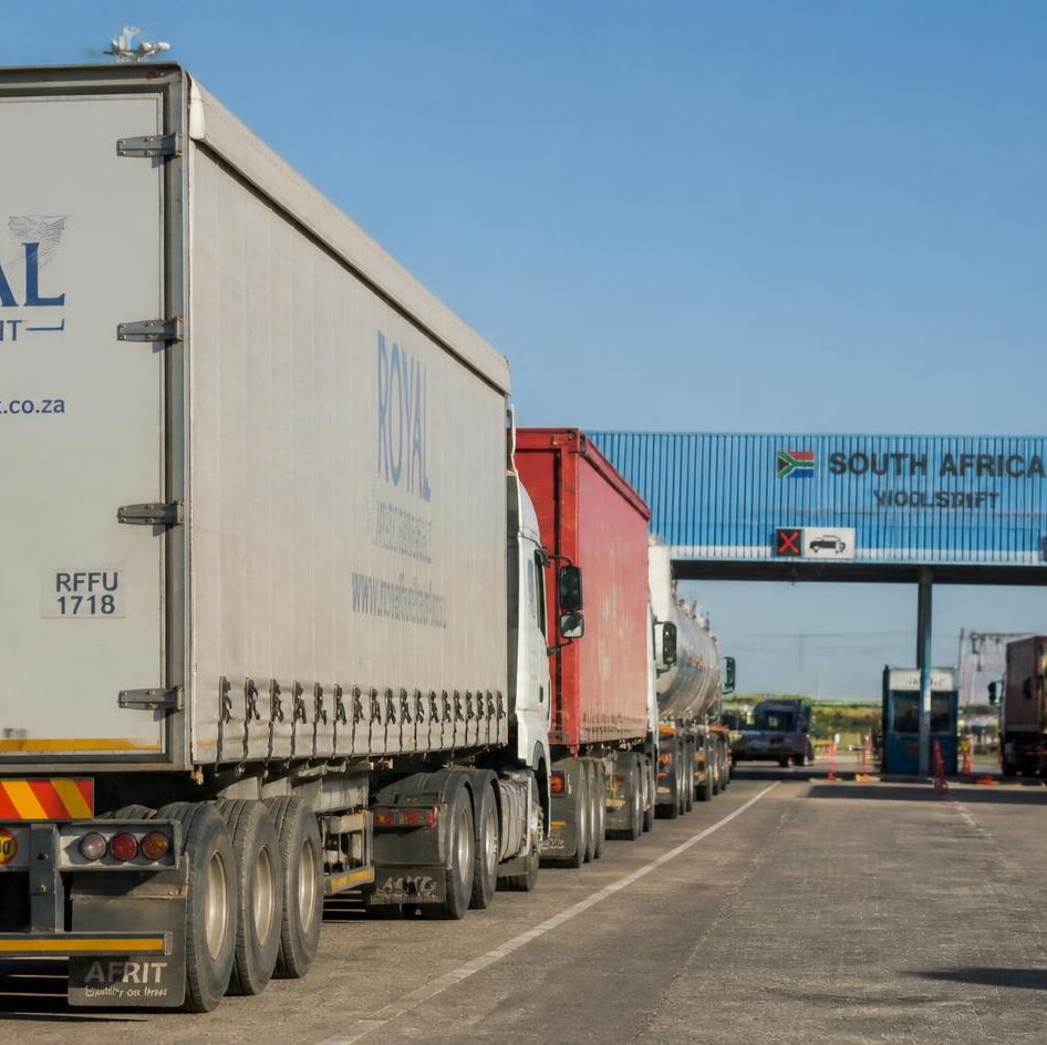 Road freight trucks waiting at SA border post