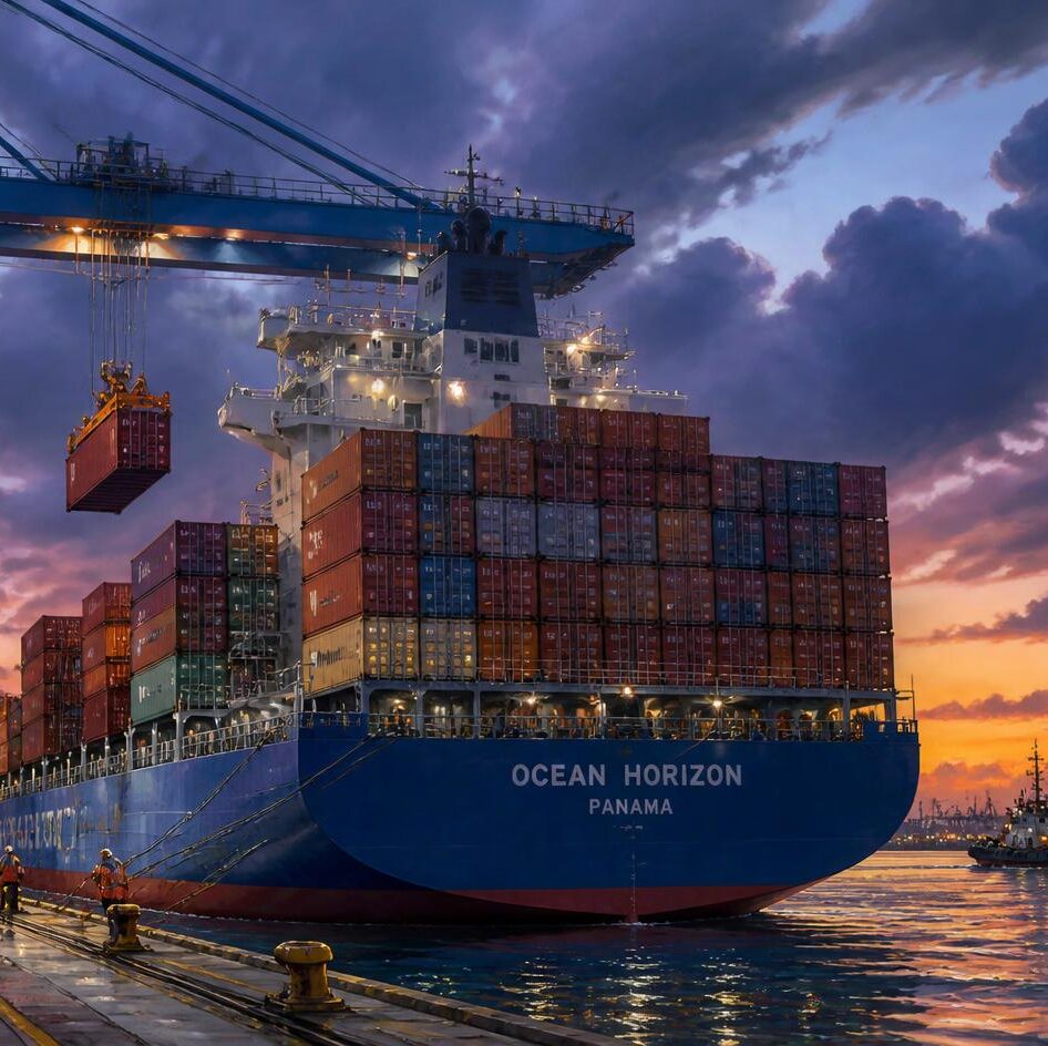 Cargo ship being loaded with sea freight